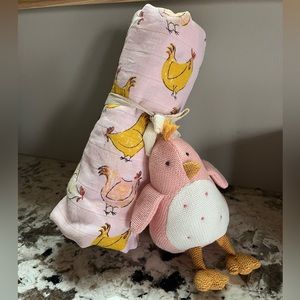 Mudpie pink chick swaddle and rattle
